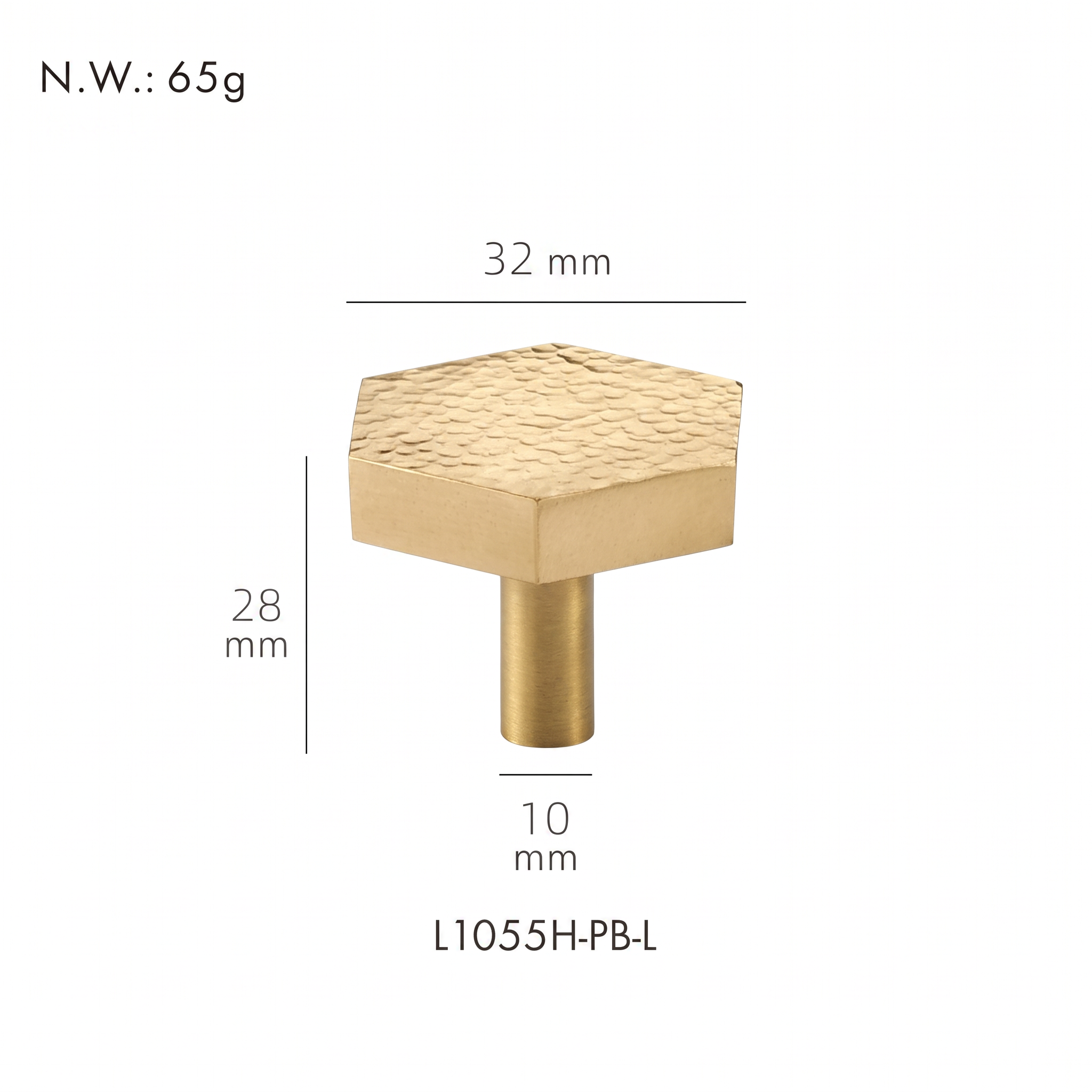 Trigg textured brass drawer knob dimensions in millimetres on a plain white background