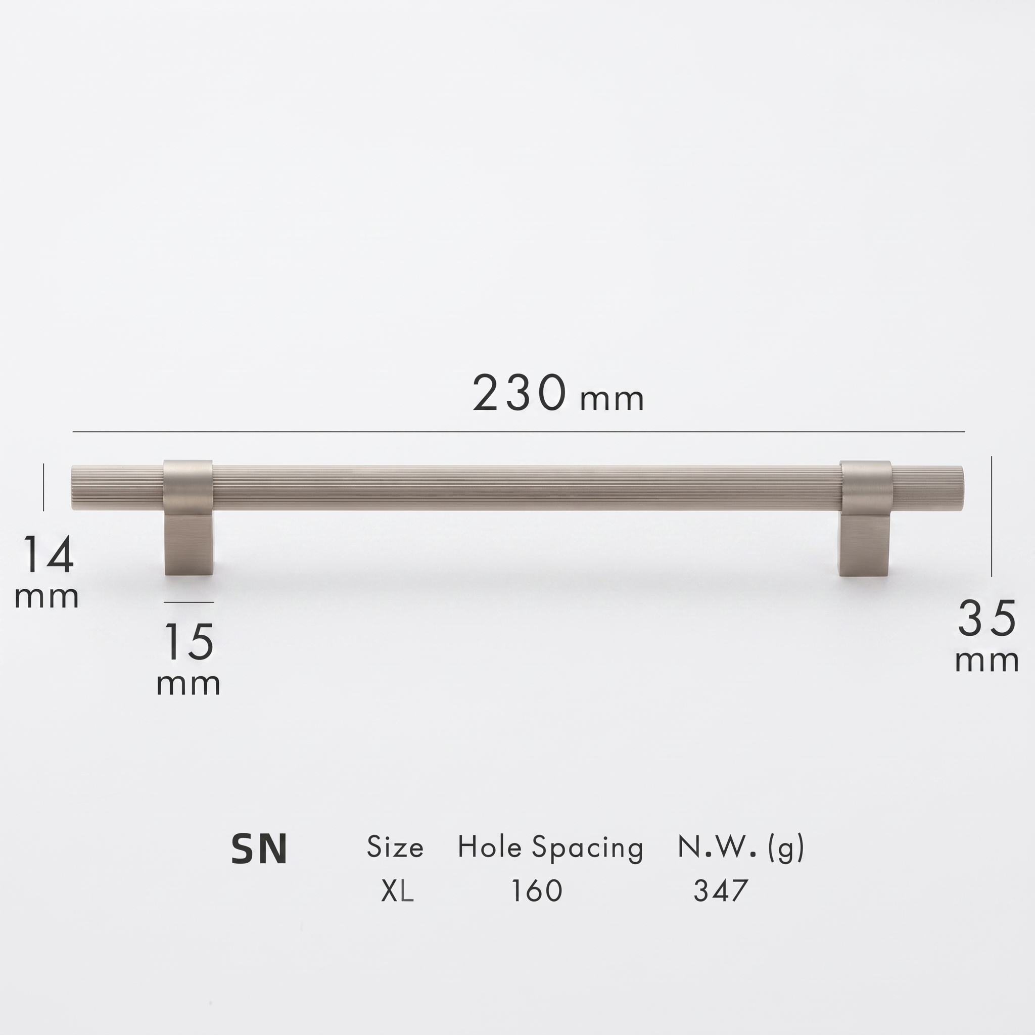 Tugun knurled brass cabinet handle dimensions in millimetres on a plain white background