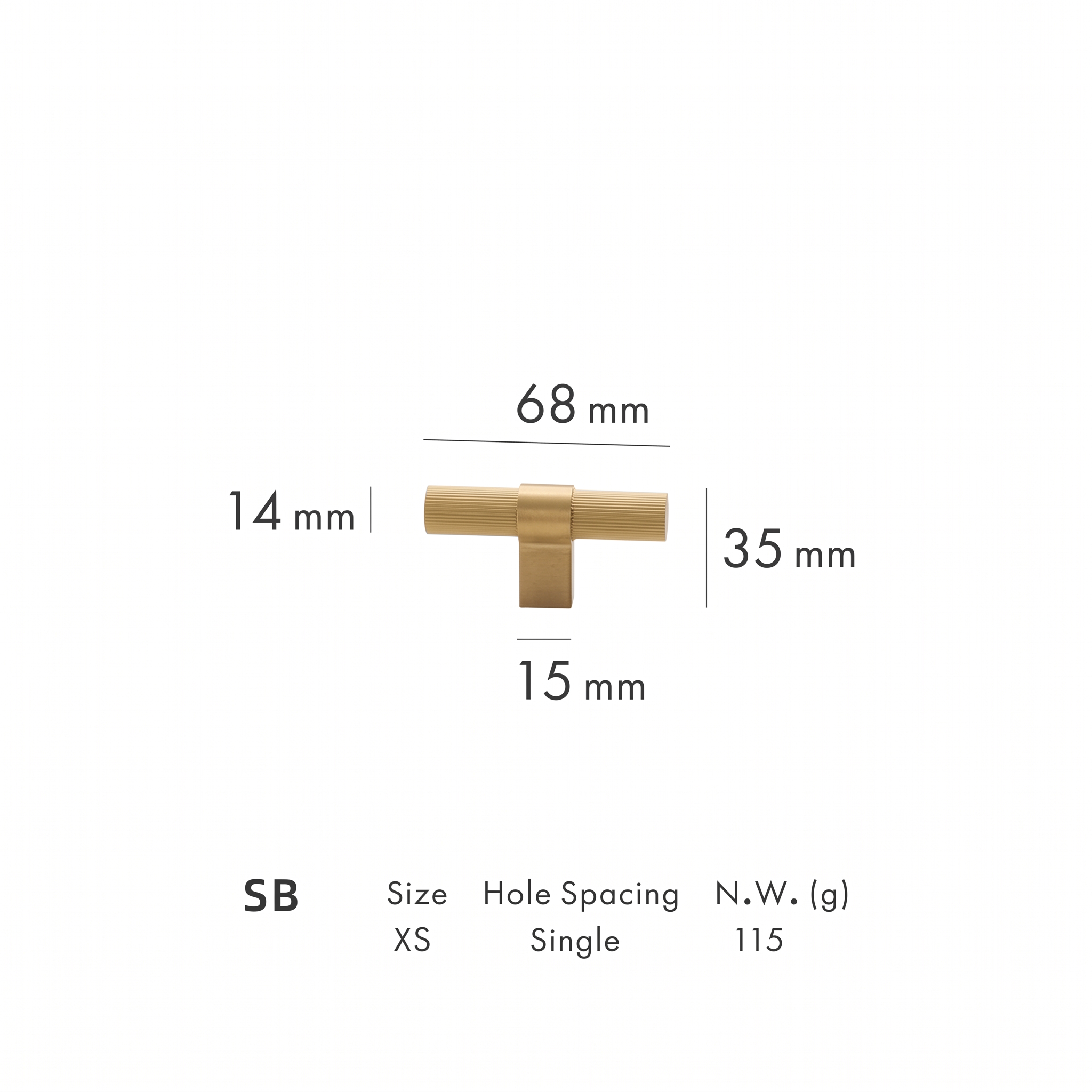 Tugun knurled brass cabinet handle dimensions in millimetres on a plain white background