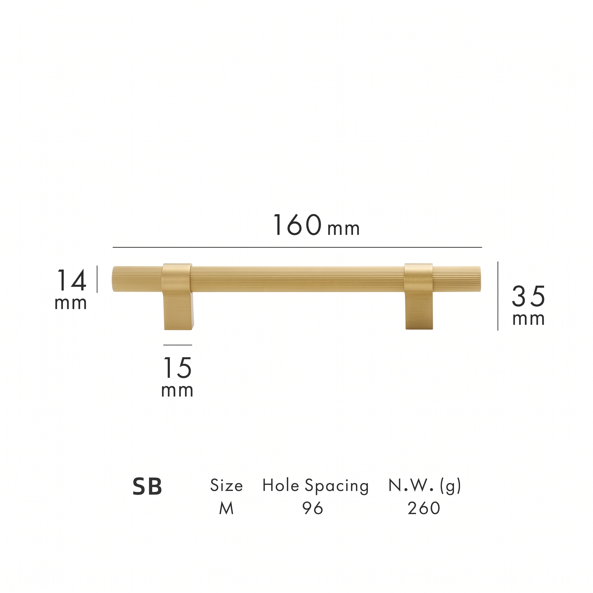 Tugun knurled brass cabinet handle dimensions in millimetres on a plain white background