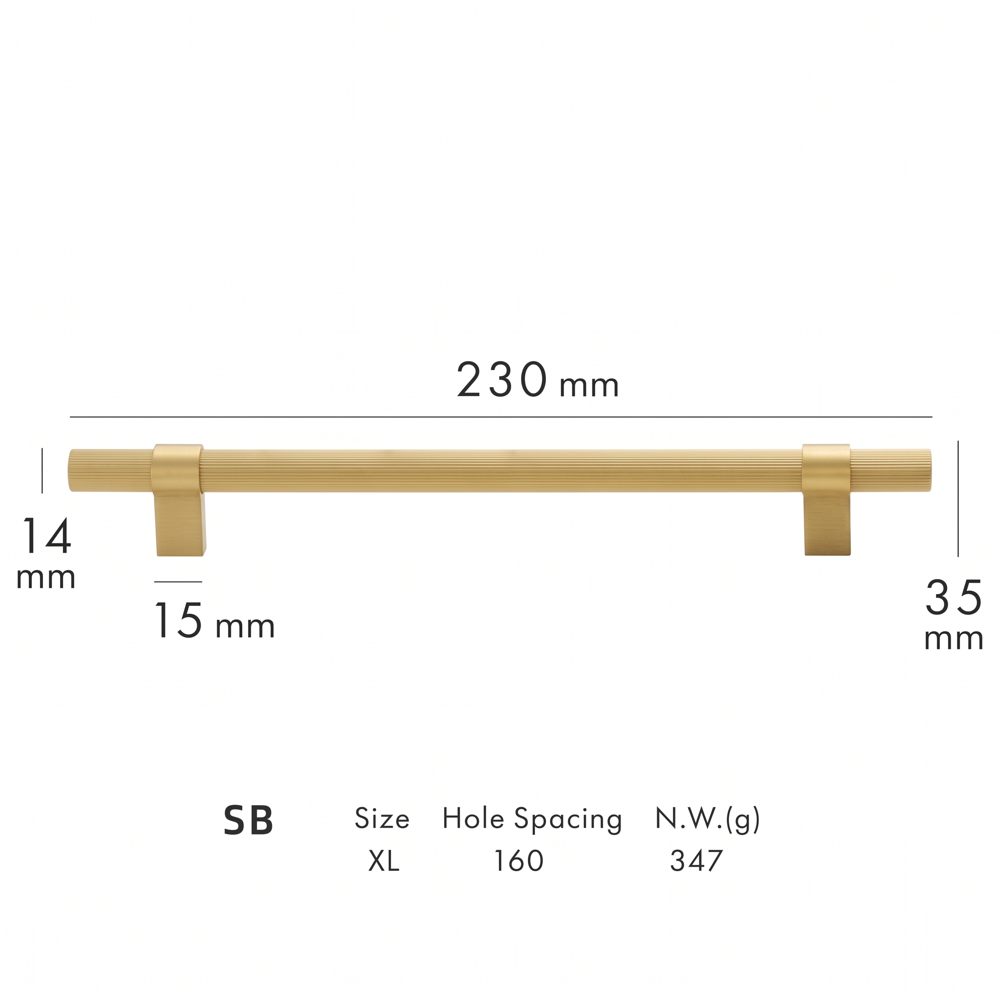 Tugun knurled brass cabinet handle dimensions in millimetres on a plain white background