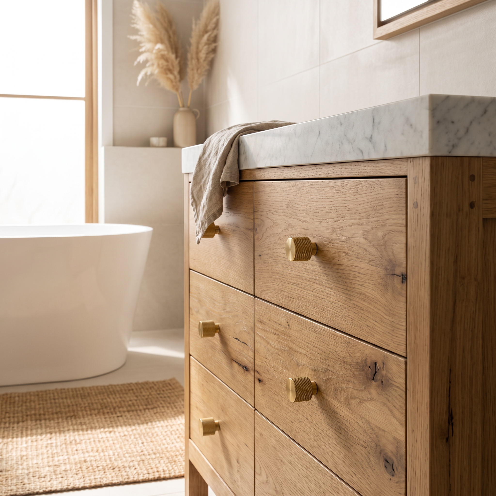 Tugun knurled brass cabinet handles on a timber bathroom vanity