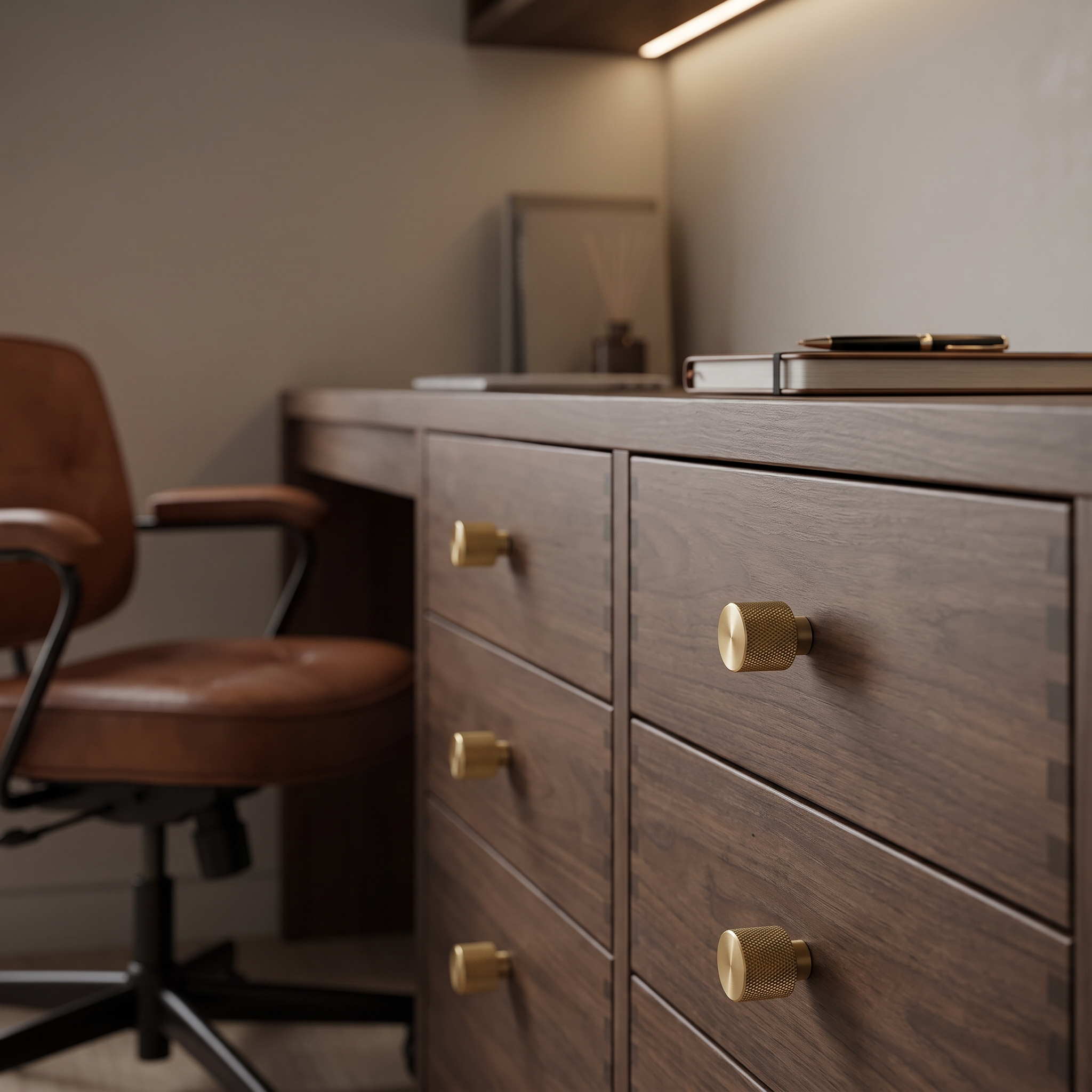 Tugun knurled brass cabinet handles on dark timber home office cabinetry