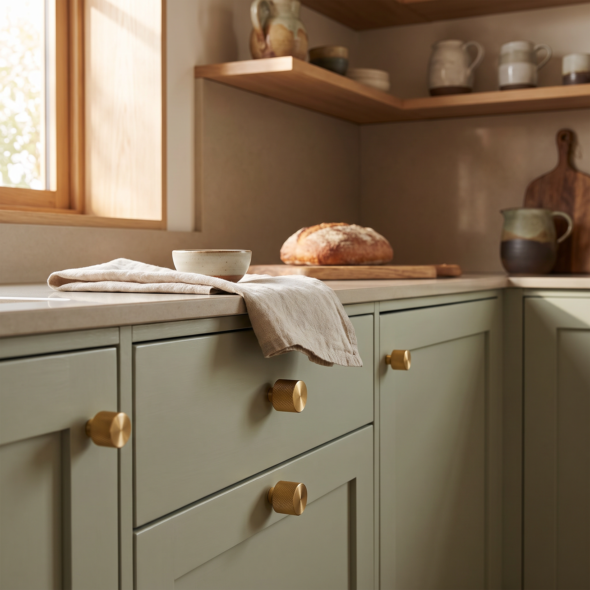 Tugun knurled brass cabinet handles on sage green shaker kitchen cabinetry