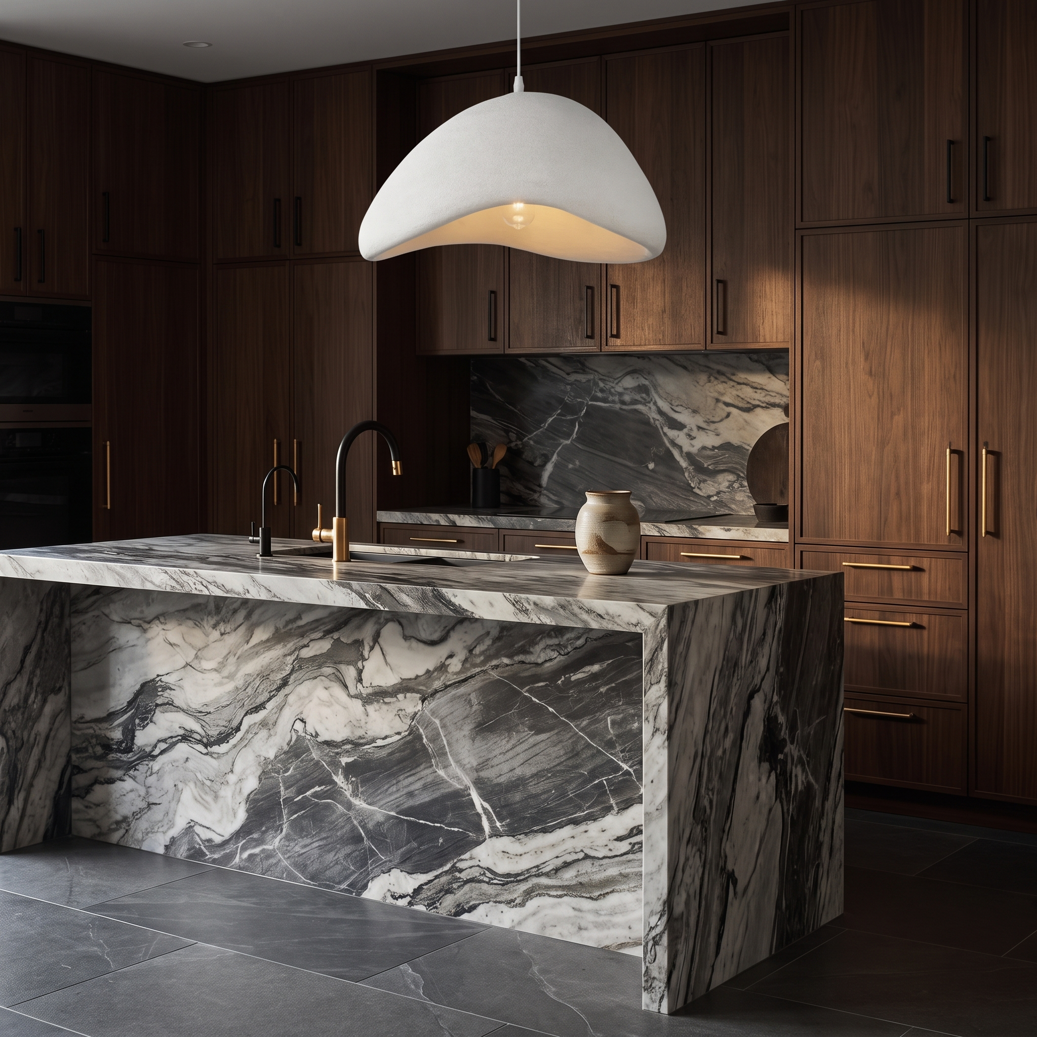 Uluwatu resin pendant light over a veined marble waterfall kitchen island