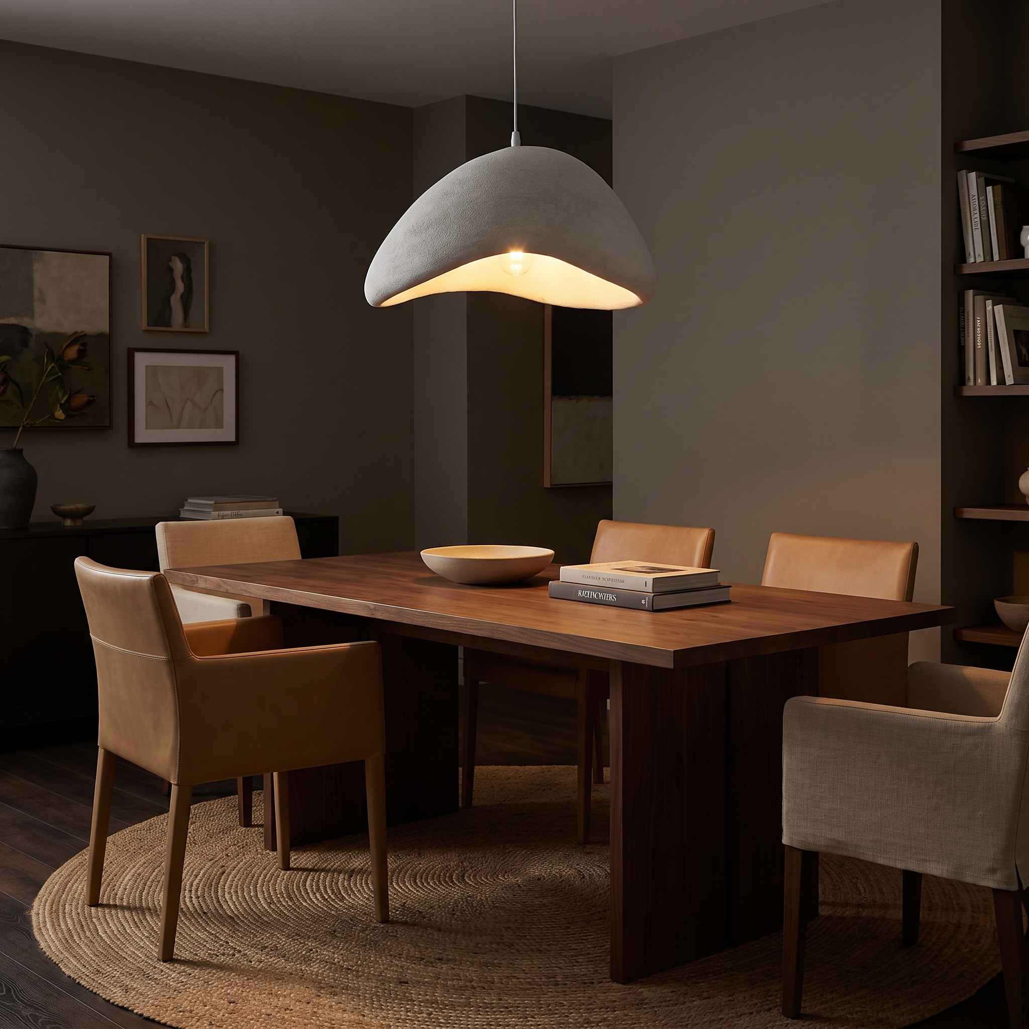 Uluwatu resin pendant light over a dark timber dining table