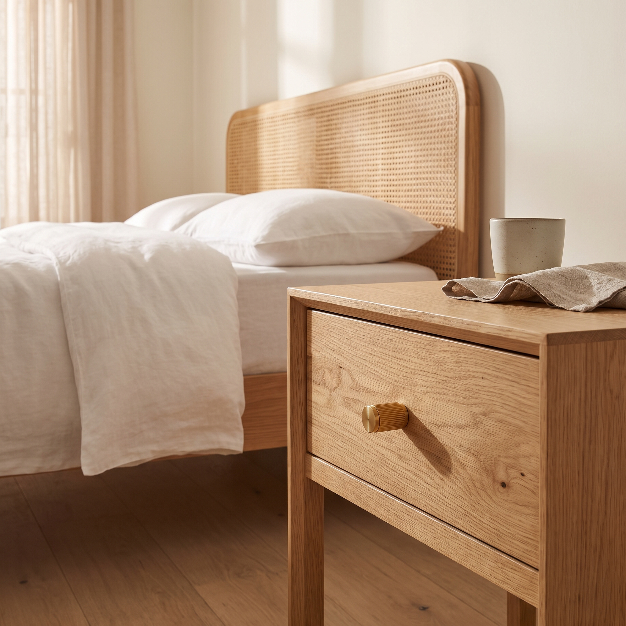 Yev fluted brass cabinet handle on an oak bedside table drawer