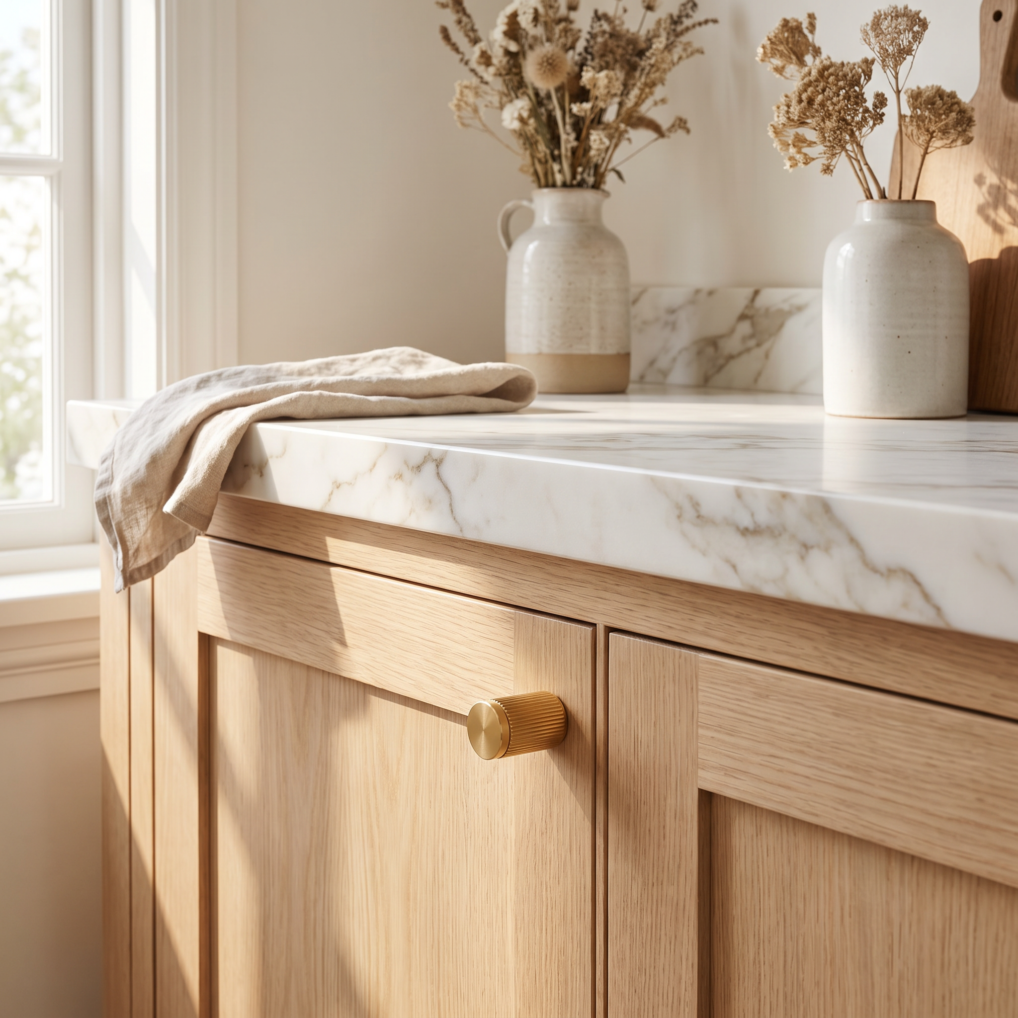 Yev fluted brass cabinet handles on pale oak kitchen cabinetry