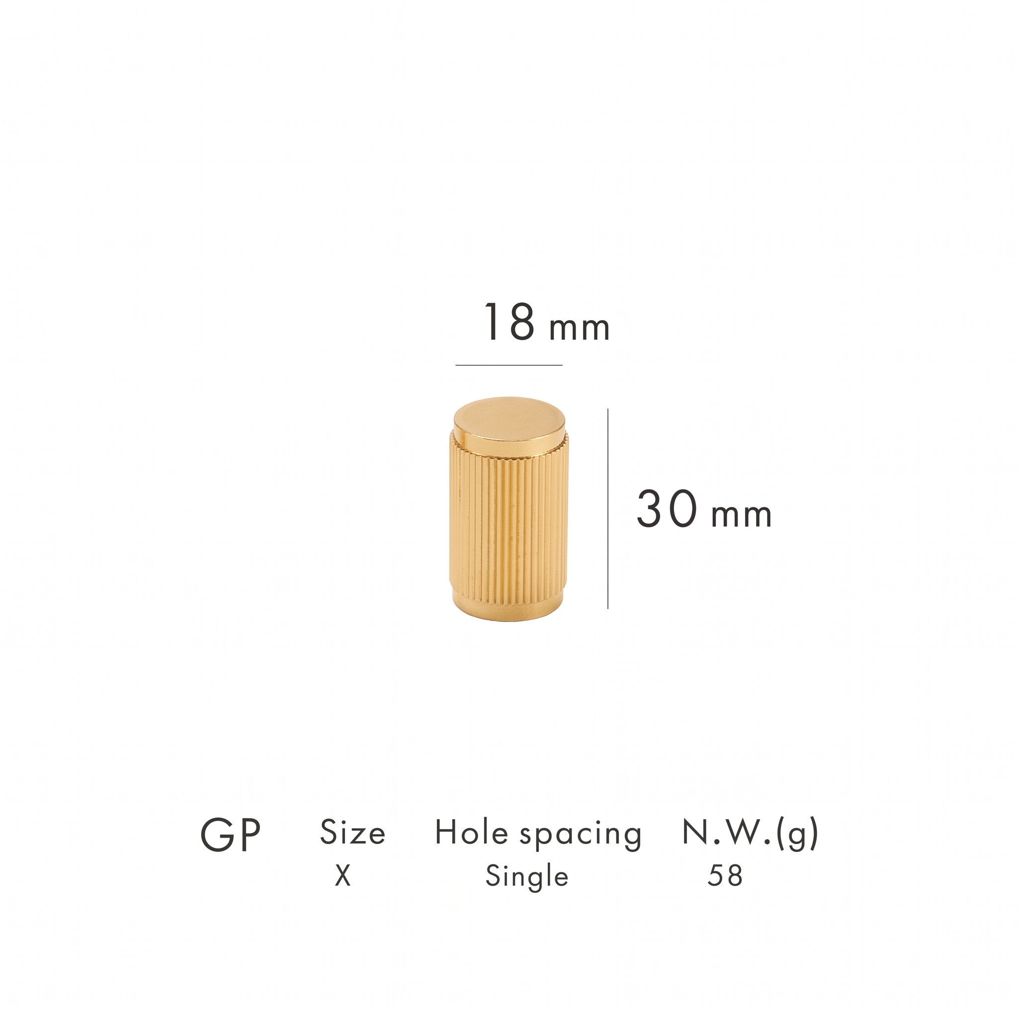 Yev fluted brass cabinet knob dimensions in millimetres on a plain white background