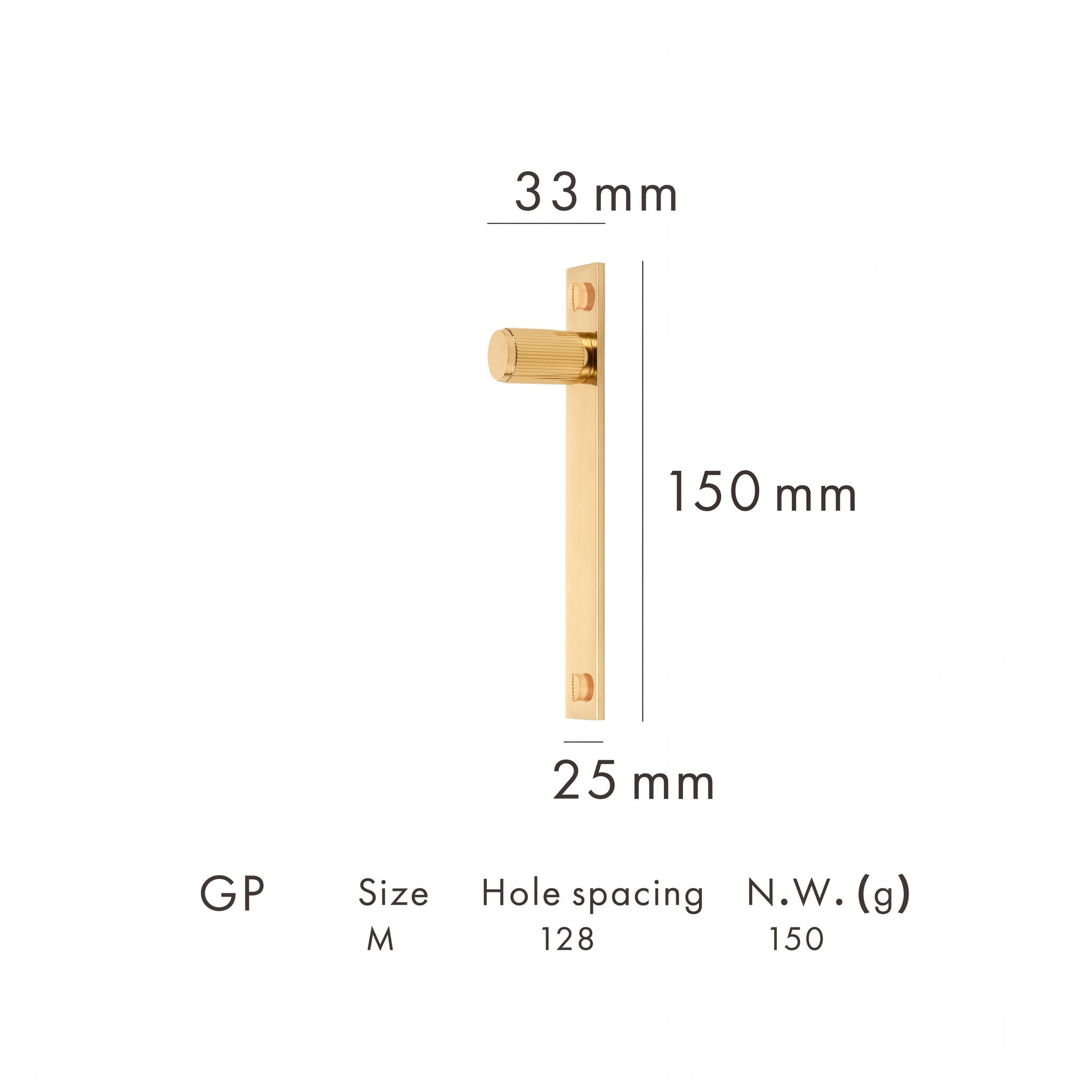 Yev brass lever cabinet handle dimensions in millimetres on a plain white background