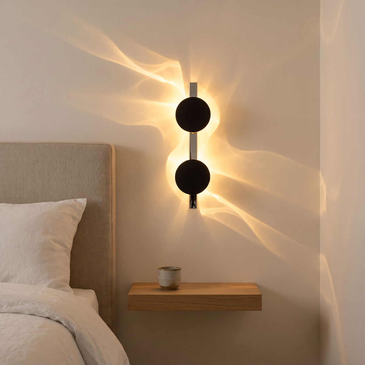 Double Alya sculptural wall light above a floating oak bedside shelf