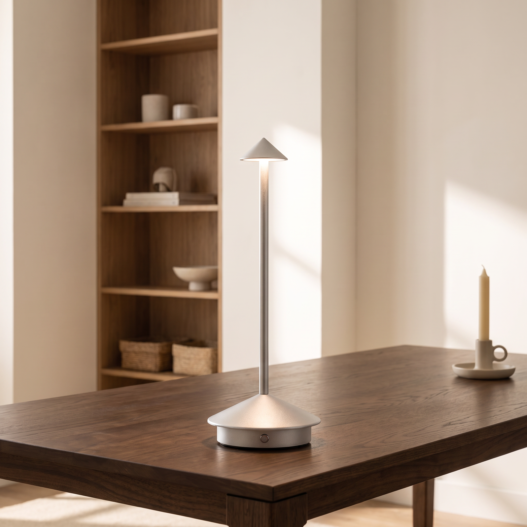 Amalfi portable table lamp in silver on a home-office desk