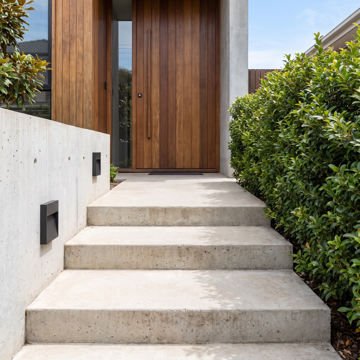 Ames LED outdoor step lights beside board-formed concrete entry steps and a lilly pilly hedge