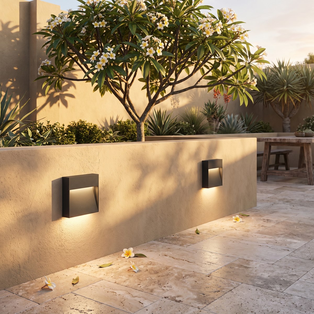 Ames LED outdoor step light on a rendered courtyard planter wall with frangipani at golden hour