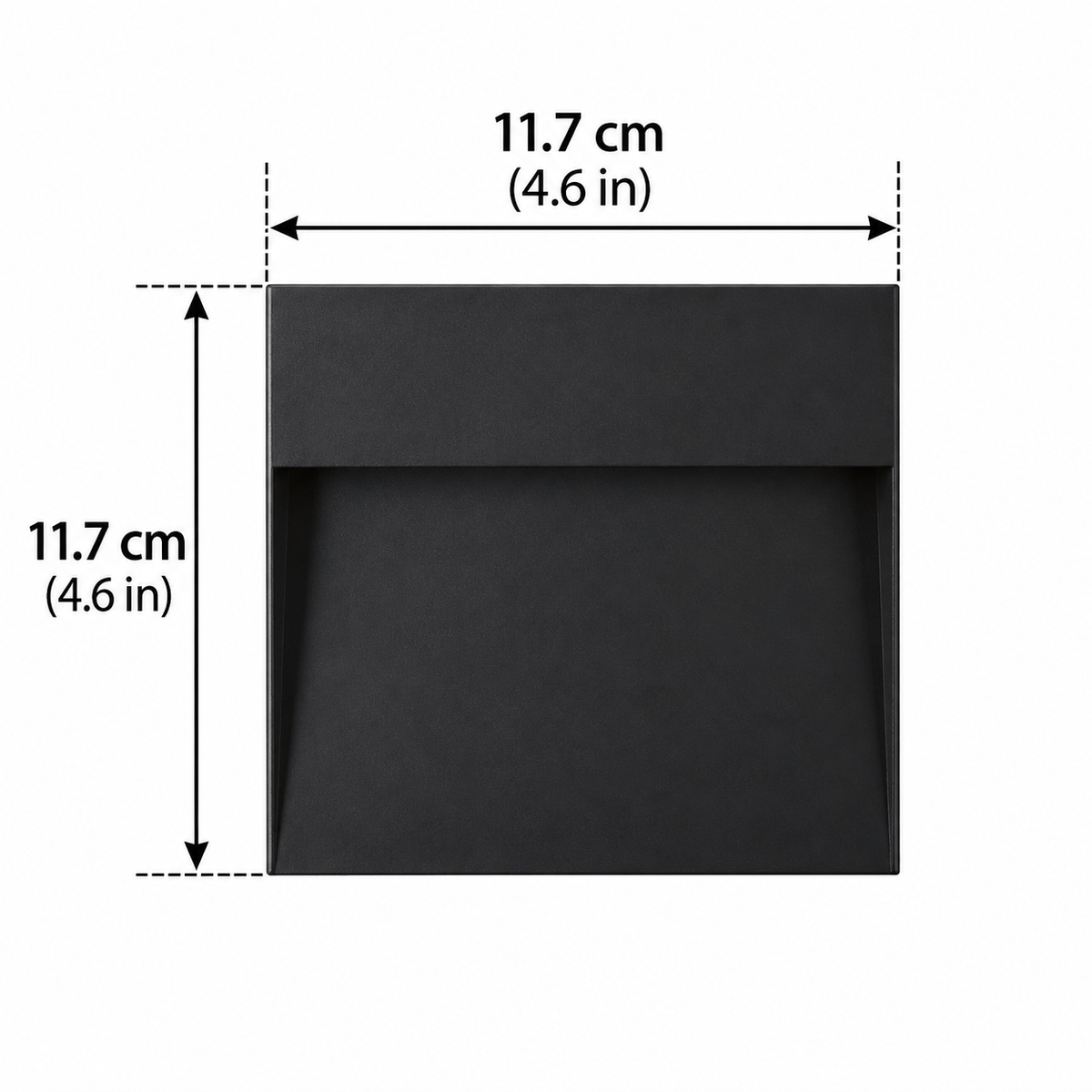 Ames LED outdoor step light dimensions, a square black face 11.7 x 11.7cm (4.6 x 4.6in)
