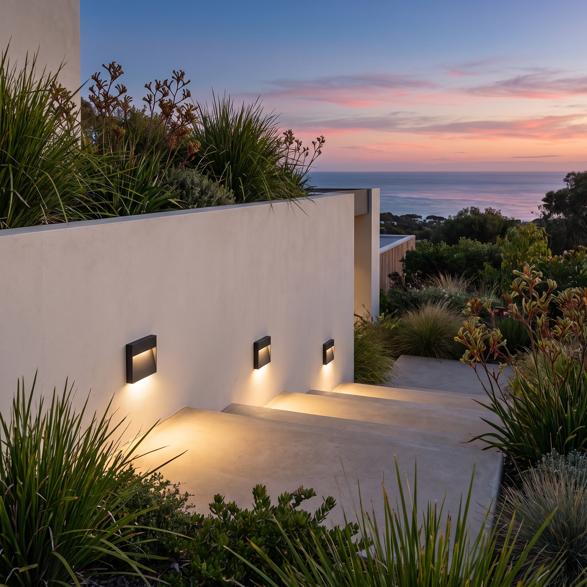 Three Ames LED outdoor step lights on a rendered stair wall of a hillside home with ocean views at dusk