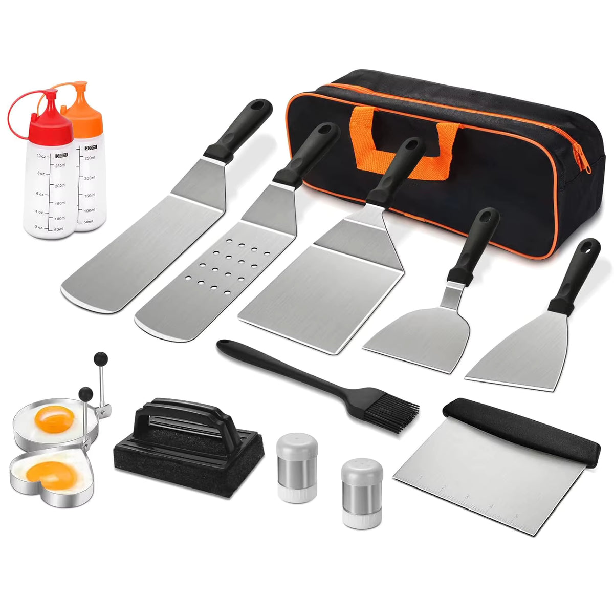 Angus BBQ accessories set of 15 A with five spatulas, salt and pepper shakers, cleaning brick and bag