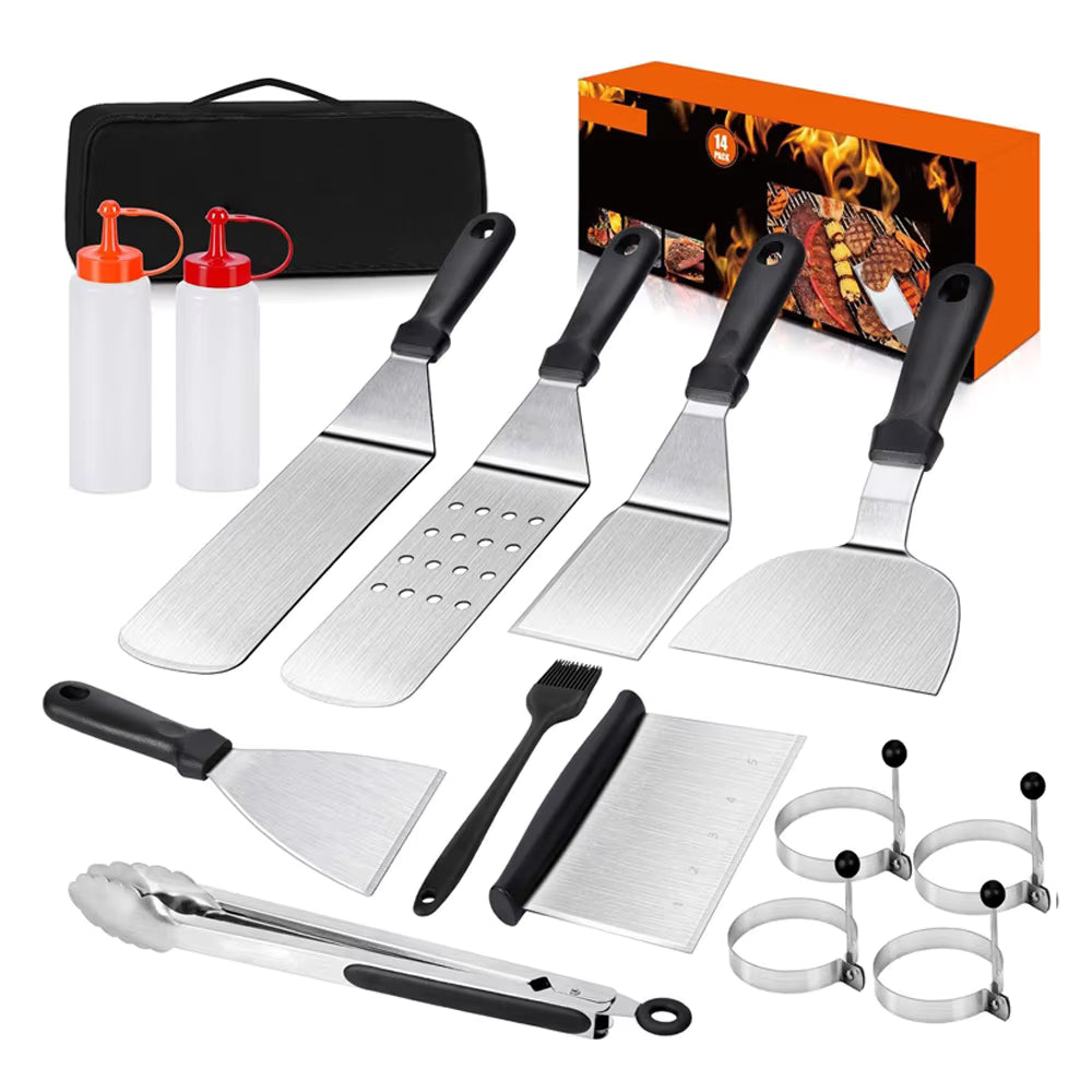 Angus BBQ accessories set of 15 B contents with squeeze bottles, bench scraper, basting brush and carry bag