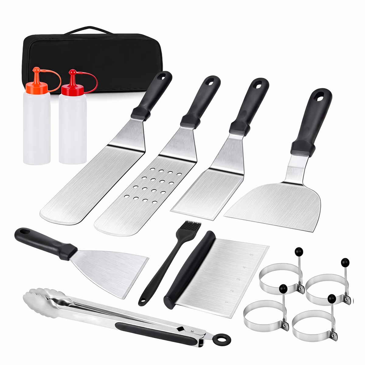 Angus BBQ accessories set of 15 B with four egg rings, tongs and spatulas on white