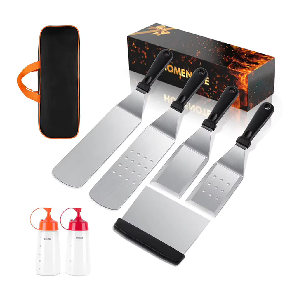 Angus BBQ accessories set of 8 with four griddle spatulas, bench scraper, two bottles and gift box