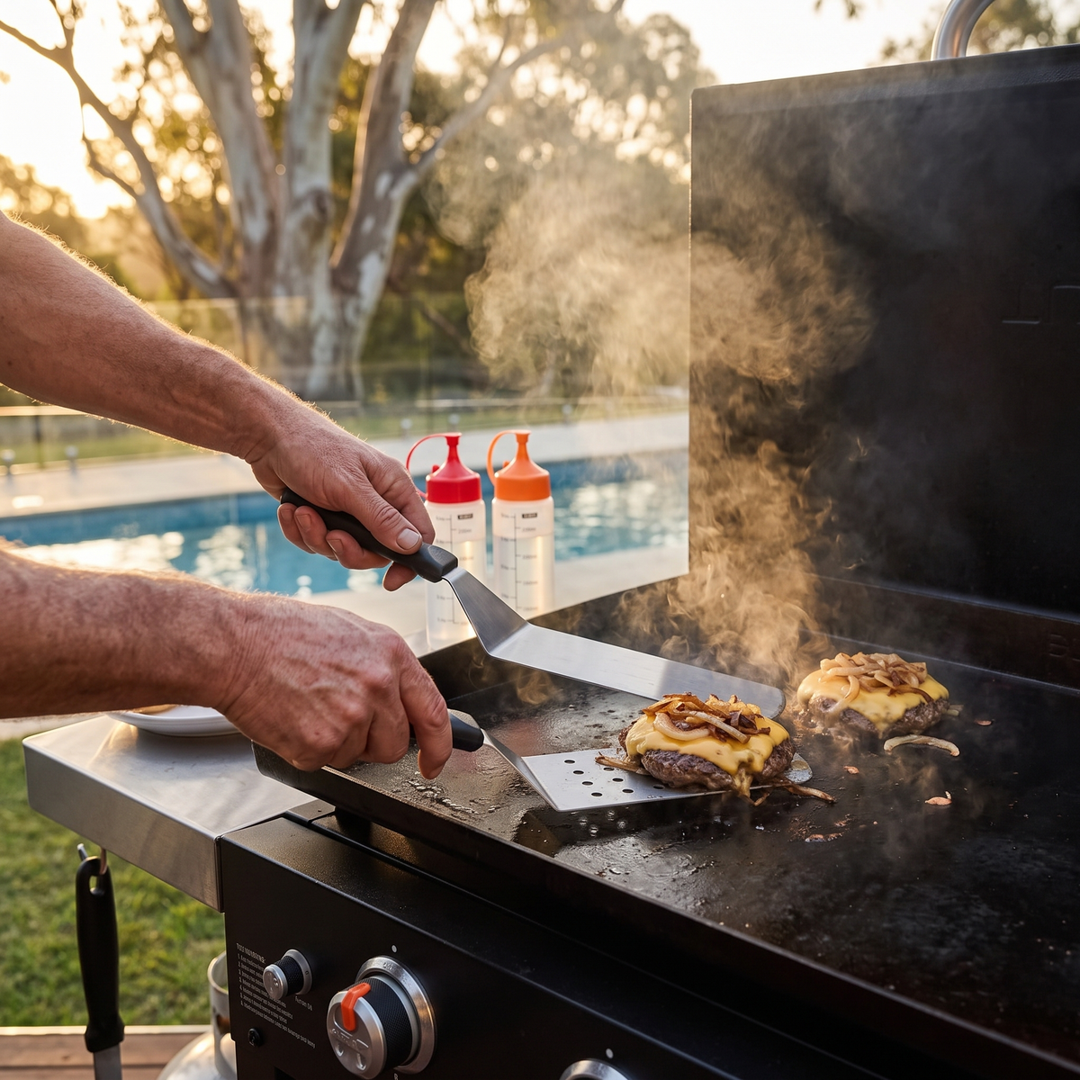 Angus BBQ accessories set spatulas smashing burgers on a flat-top griddle in the backyard