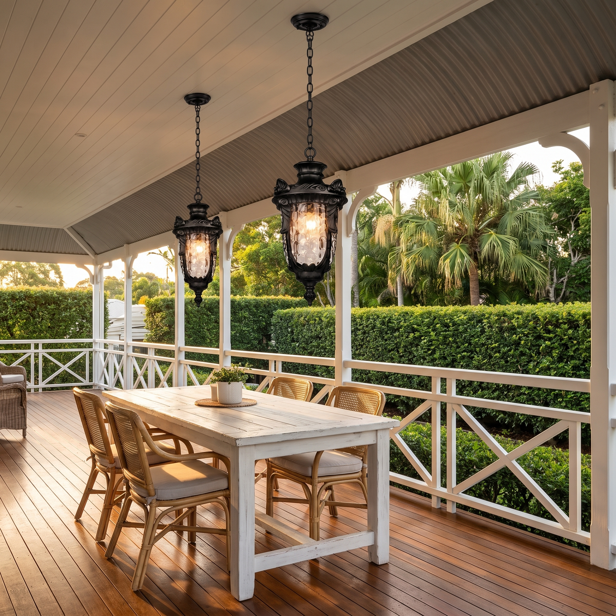 Two Anita outdoor pendant lights in black over a white table on a Queenslander verandah at golden hour