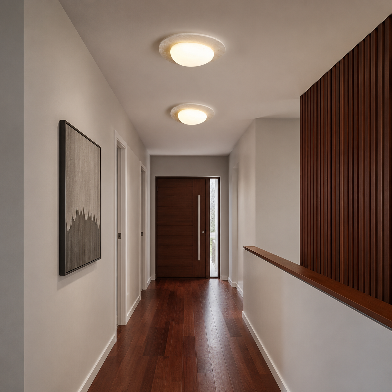 Close-up of the Anni Ceiling Light's travertine and frosted glass detailing
