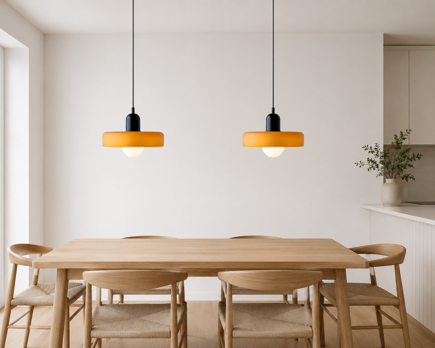 Annie Bauhaus-Inspired Coloured Glass Pendant Light illuminated with a warm glow