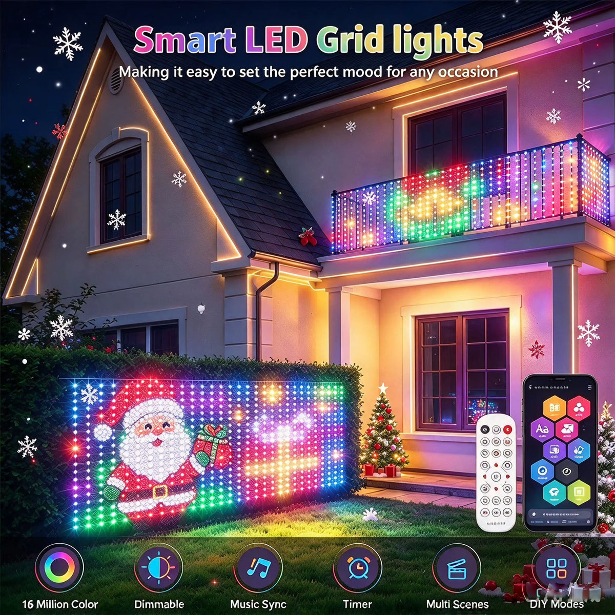 Antonia smart LED mesh showing a pixel Santa below a lit house facade, with app and remote