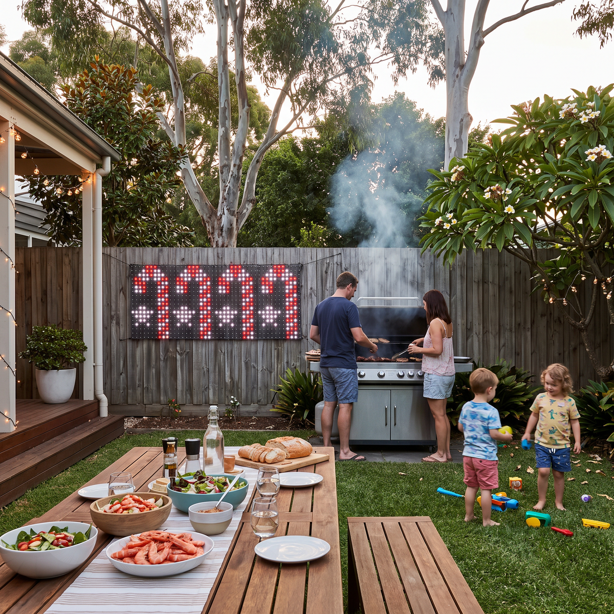 Antonia smart LED mesh curtain lights on a backyard fence at a family Christmas barbecue