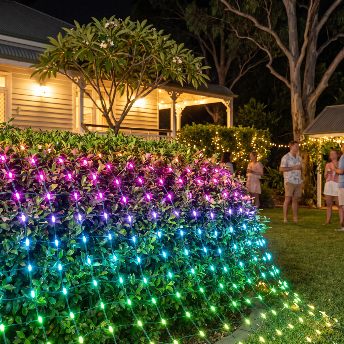 Antonia smart LED mesh curtain lights glowing in rainbow colours over a garden hedge at night