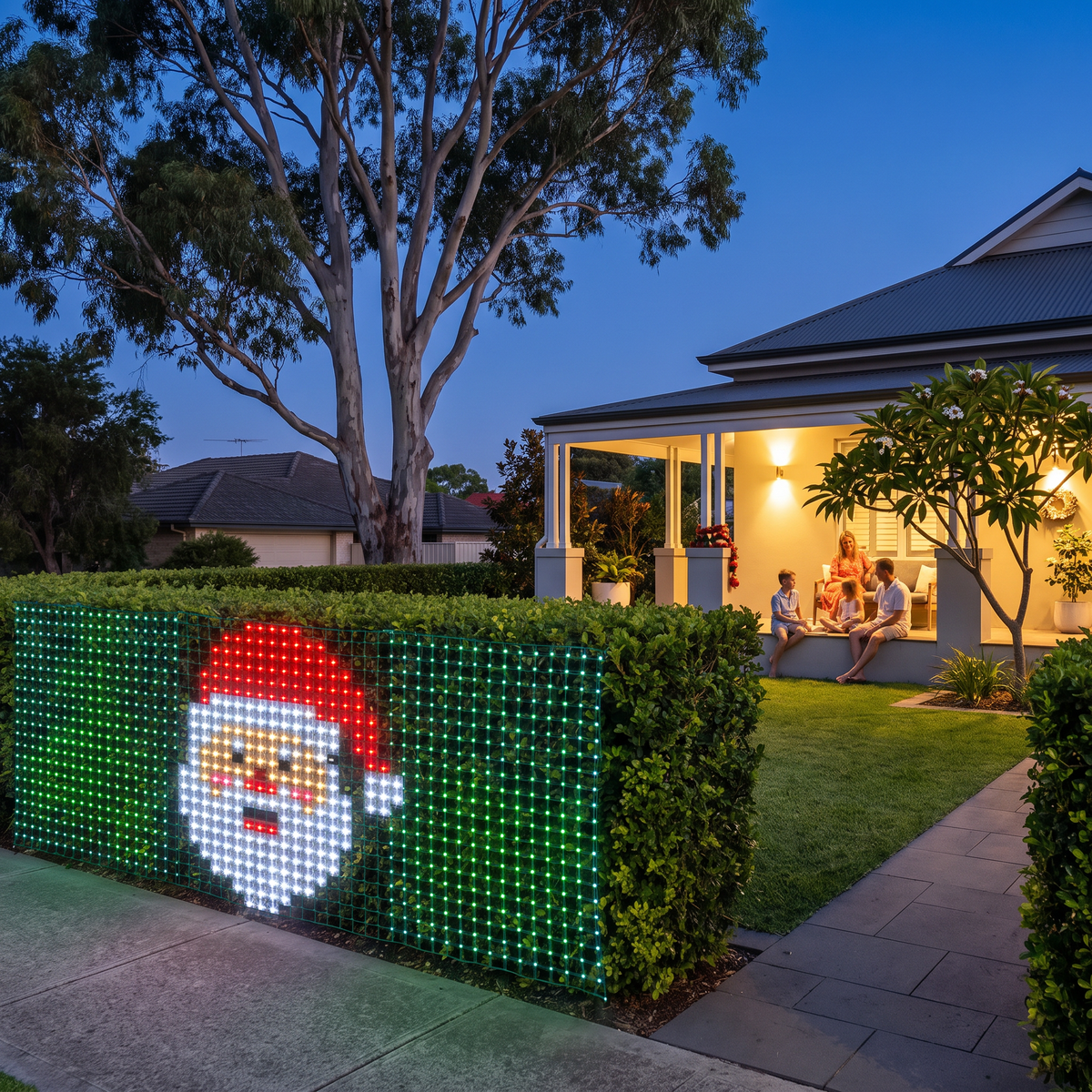 Antonia smart LED mesh curtain lights showing a pixel Santa over a front hedge at dusk