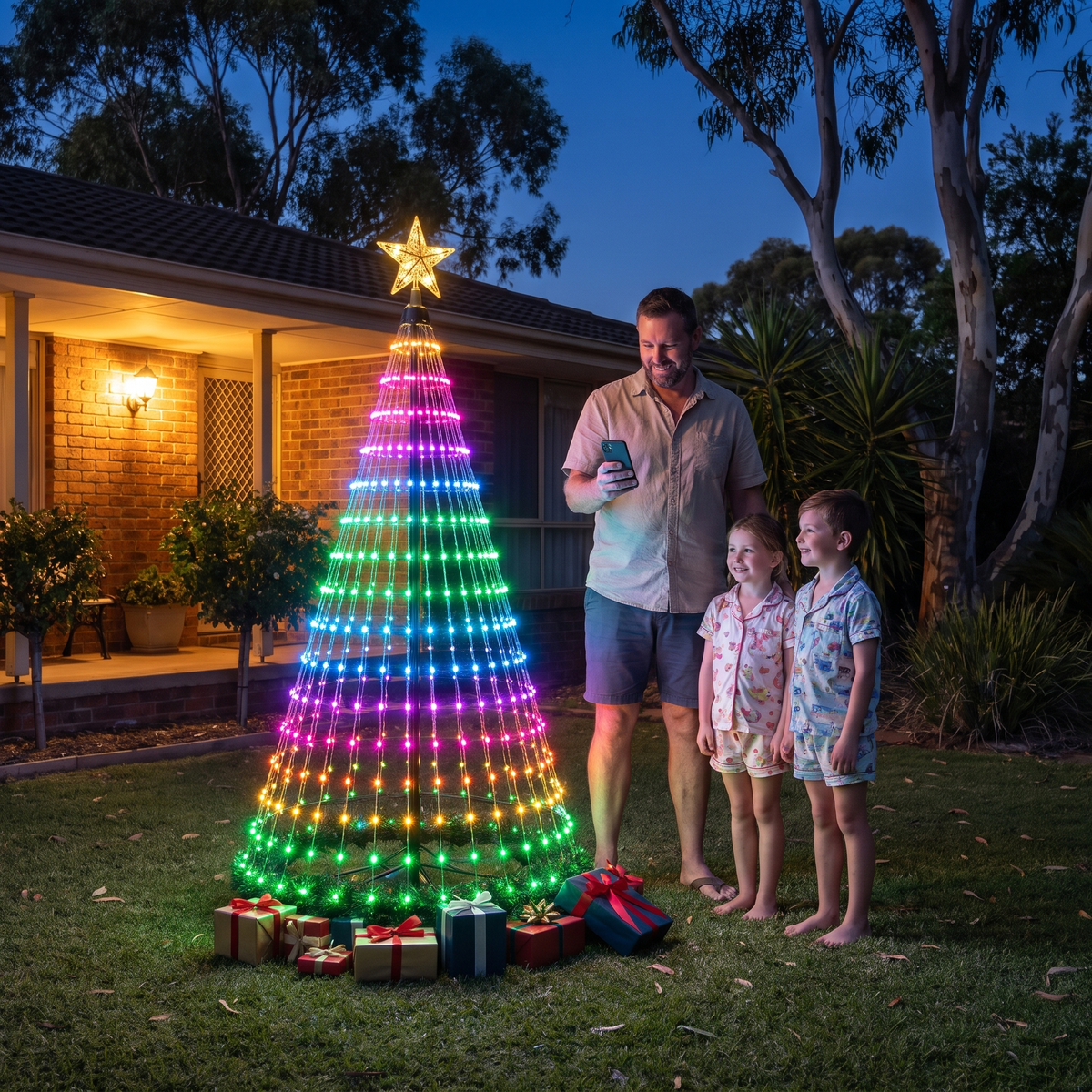 Antonia smart LED tree lights 1.8m (5.9ft) on a front lawn with a family on Christmas night