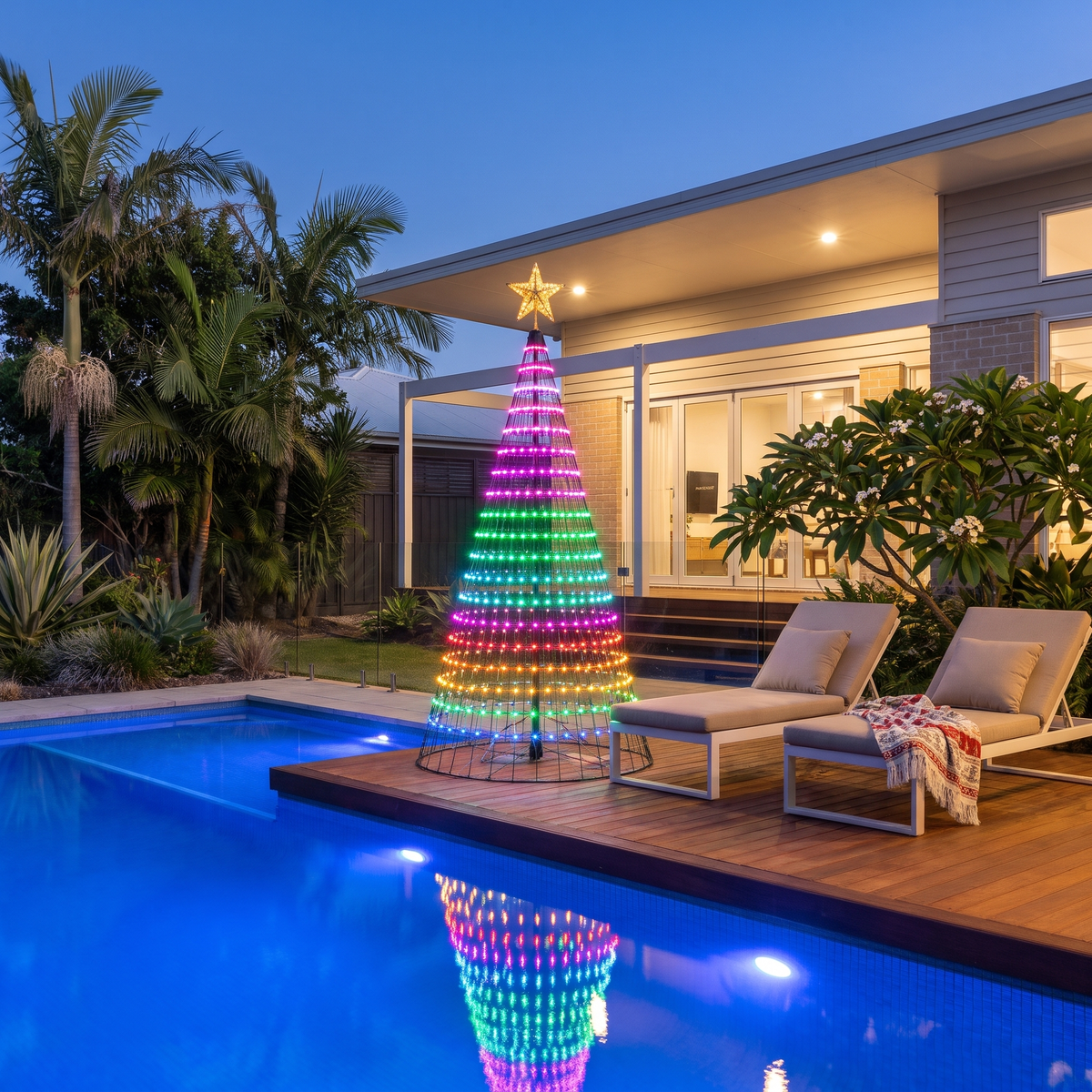 Antonia smart LED tree lights glowing beside a backyard pool on a summer Christmas evening