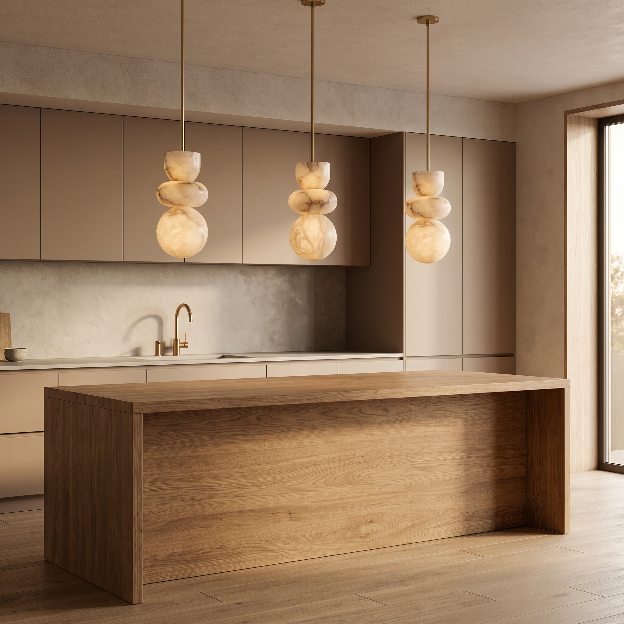 Three Aquila alabaster pendant lights hanging over a warm timber kitchen island
