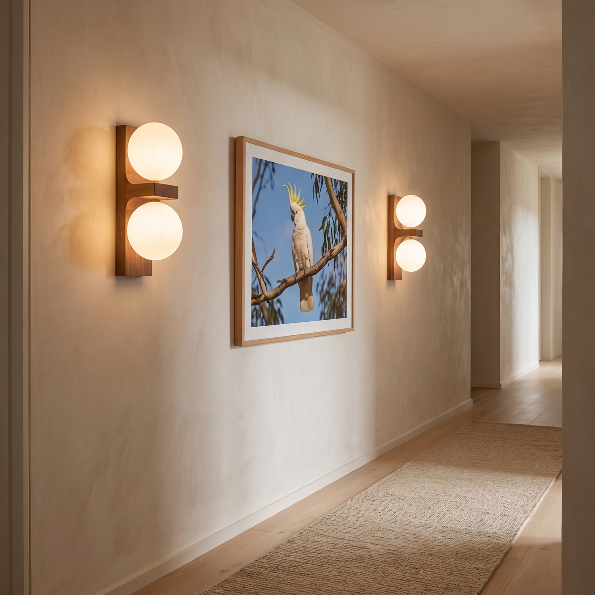 Aria walnut wall sconces with twin opal glass globes lighting a hallway