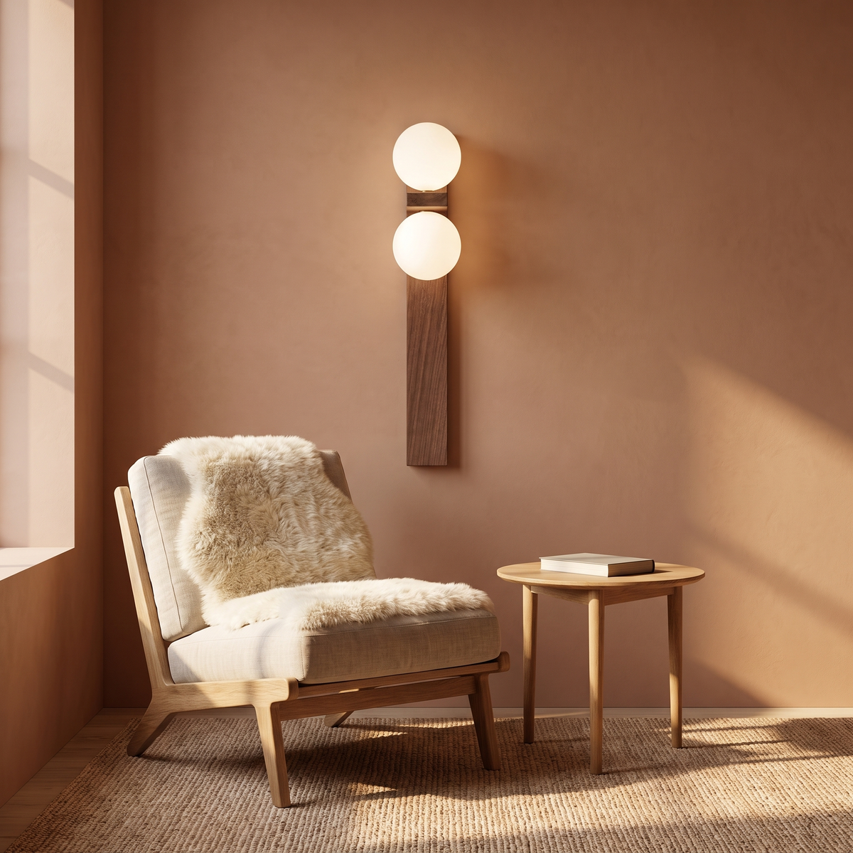 Tall Aria walnut and glass wall sconce beside a lounge chair in a reading corner