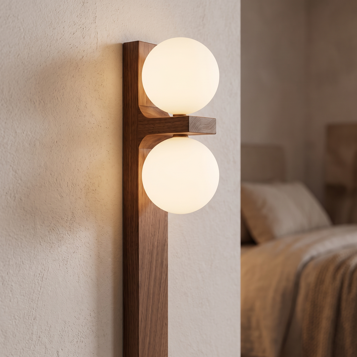 Close-up of the Aria wall light walnut grain and two glowing opal glass globes