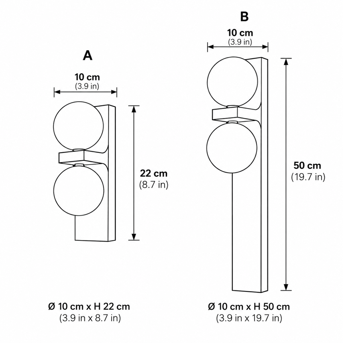 Aria walnut wall light sizes, 10cm wide by 22cm tall and 10cm wide by 50cm tall