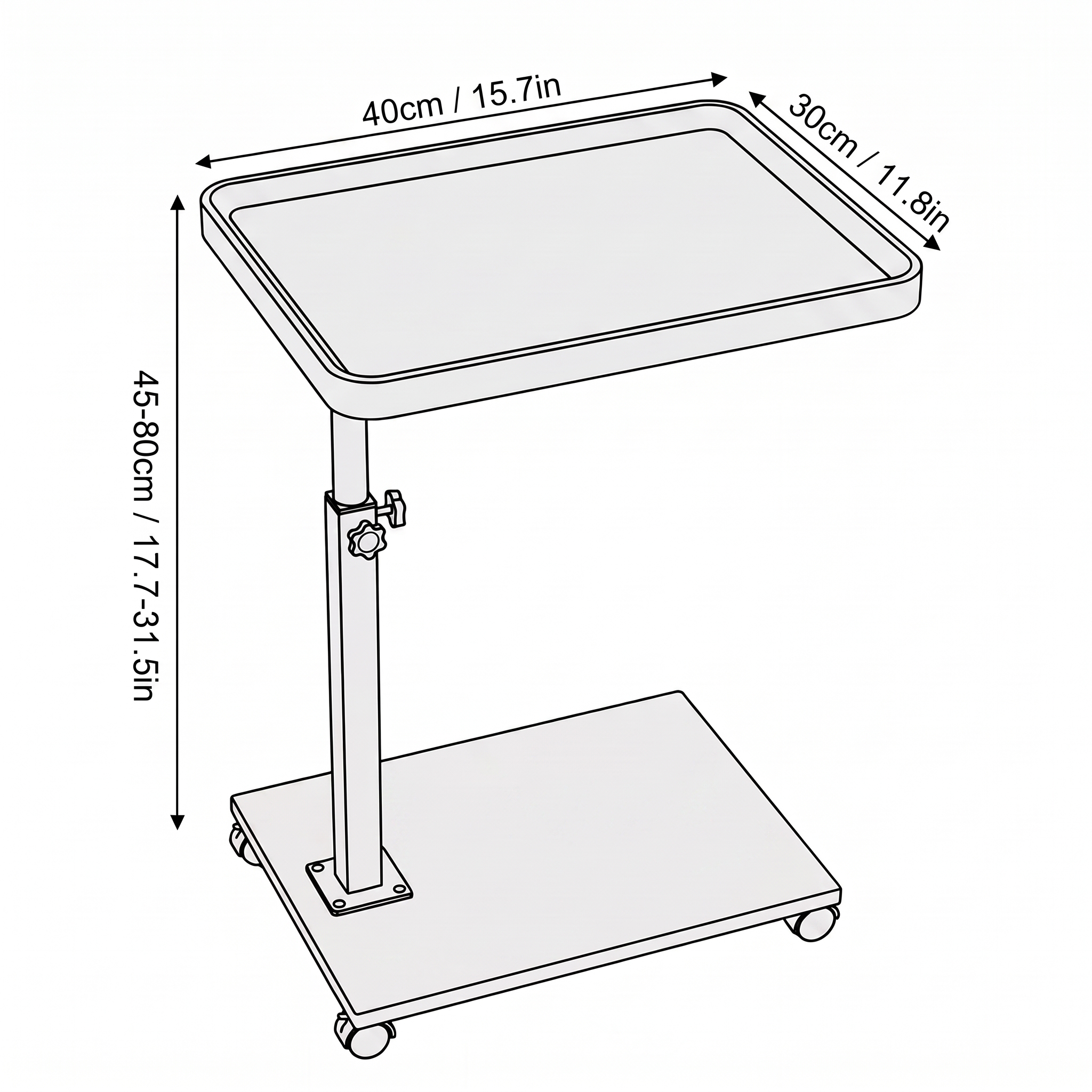 Arnie rolling workstation dimensions diagram in black and white: 40cm/15.7in wide, 30cm/11.8in deep, 45-80cm/17.7-31.5in adjustable height
