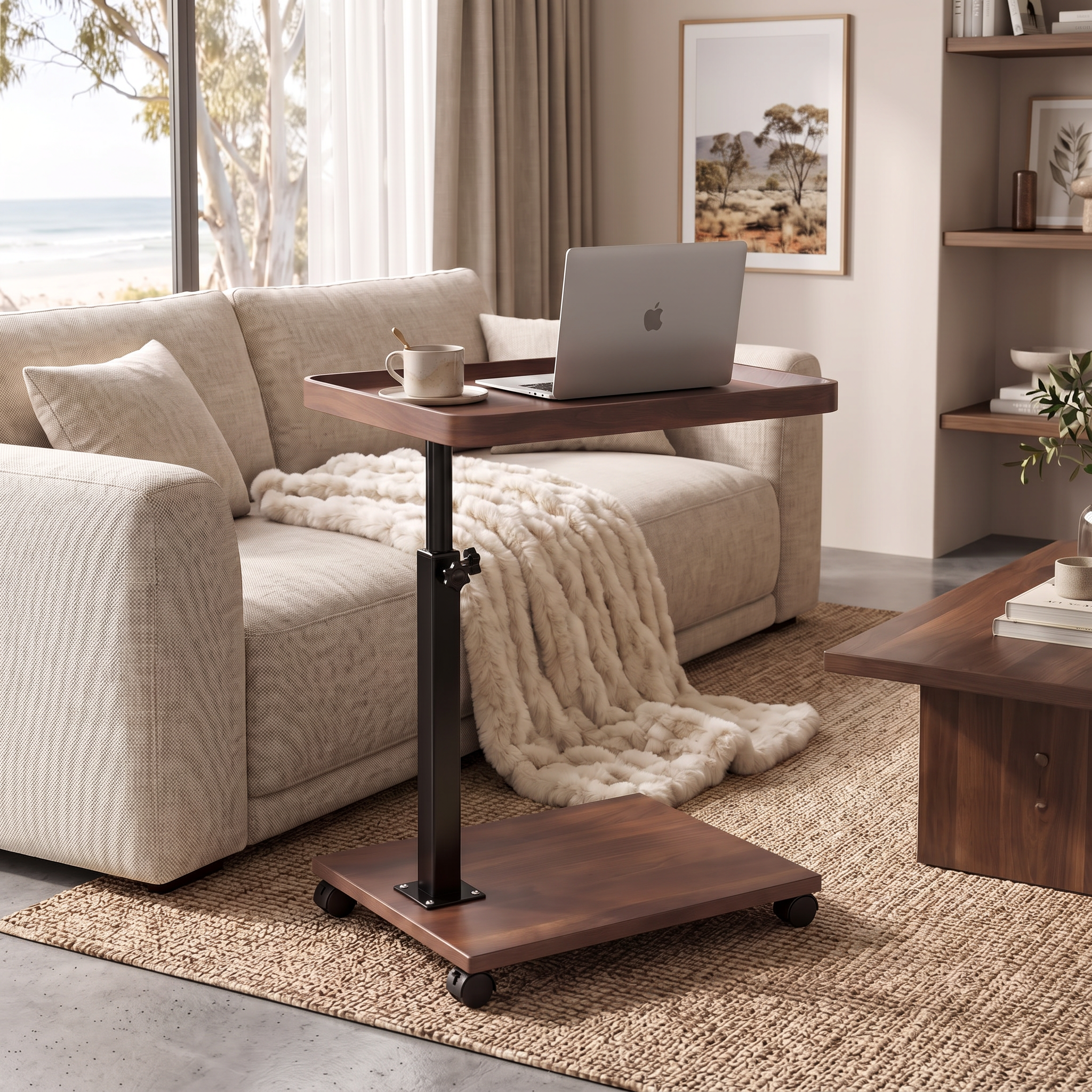 Arnie rolling laptop table used over a sofa in a coastal Scandinavian living room