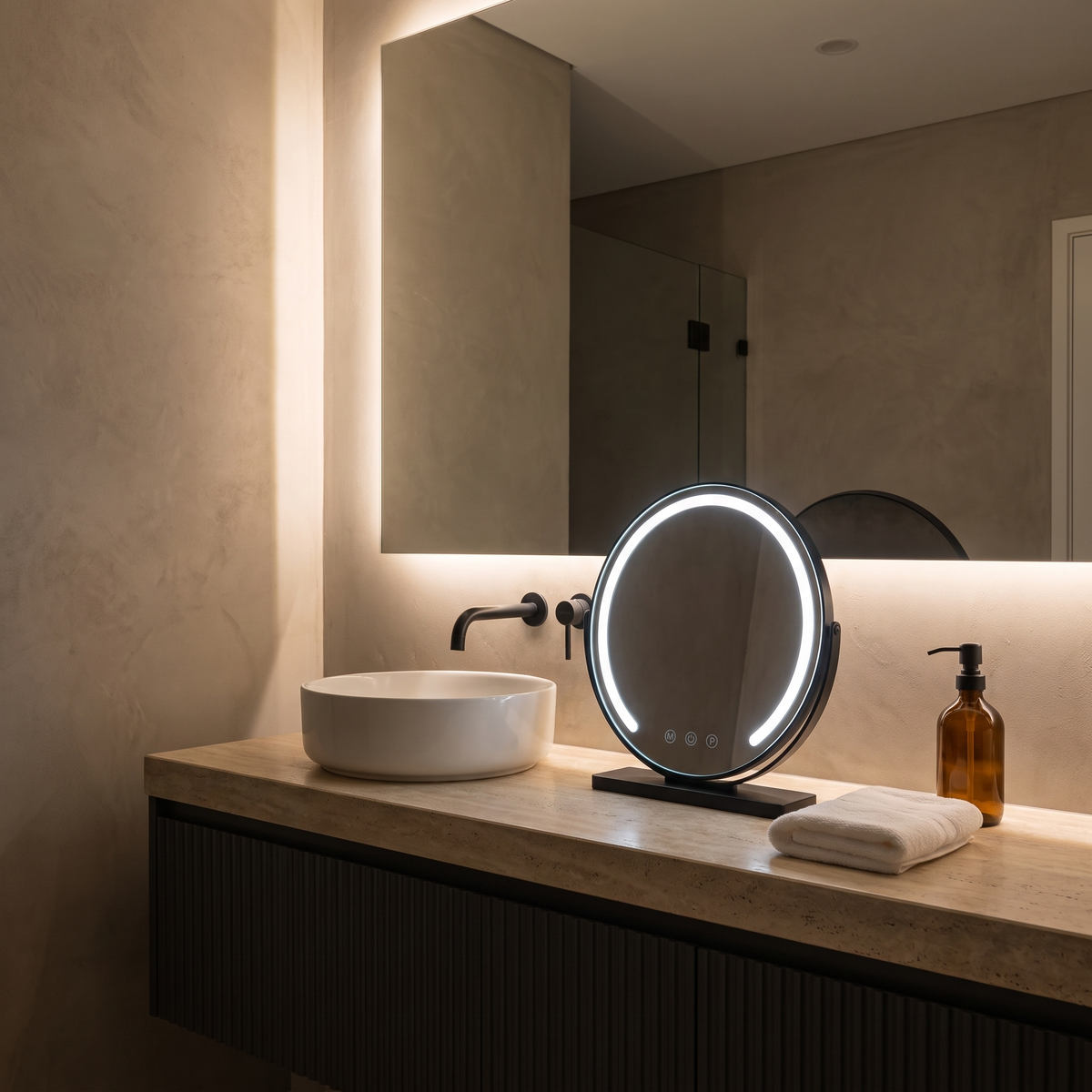Aspen black vanity mirror with lights on an ensuite vanity