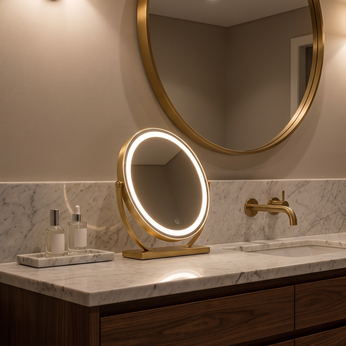 Aspen gold vanity mirror with lights on a bathroom vanity in a modern ensuite
