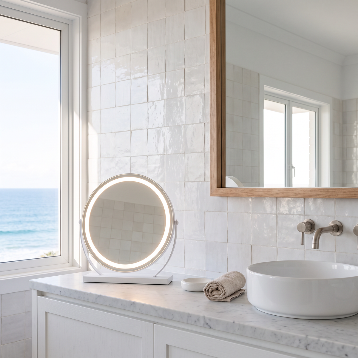 Aspen white vanity mirror with lights in a light-filled beach house ensuite
