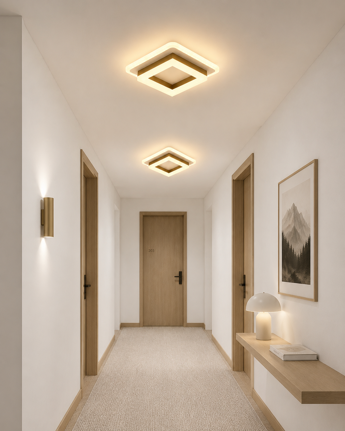 Atlas Square LED Ceiling Light installed in a modern hallway