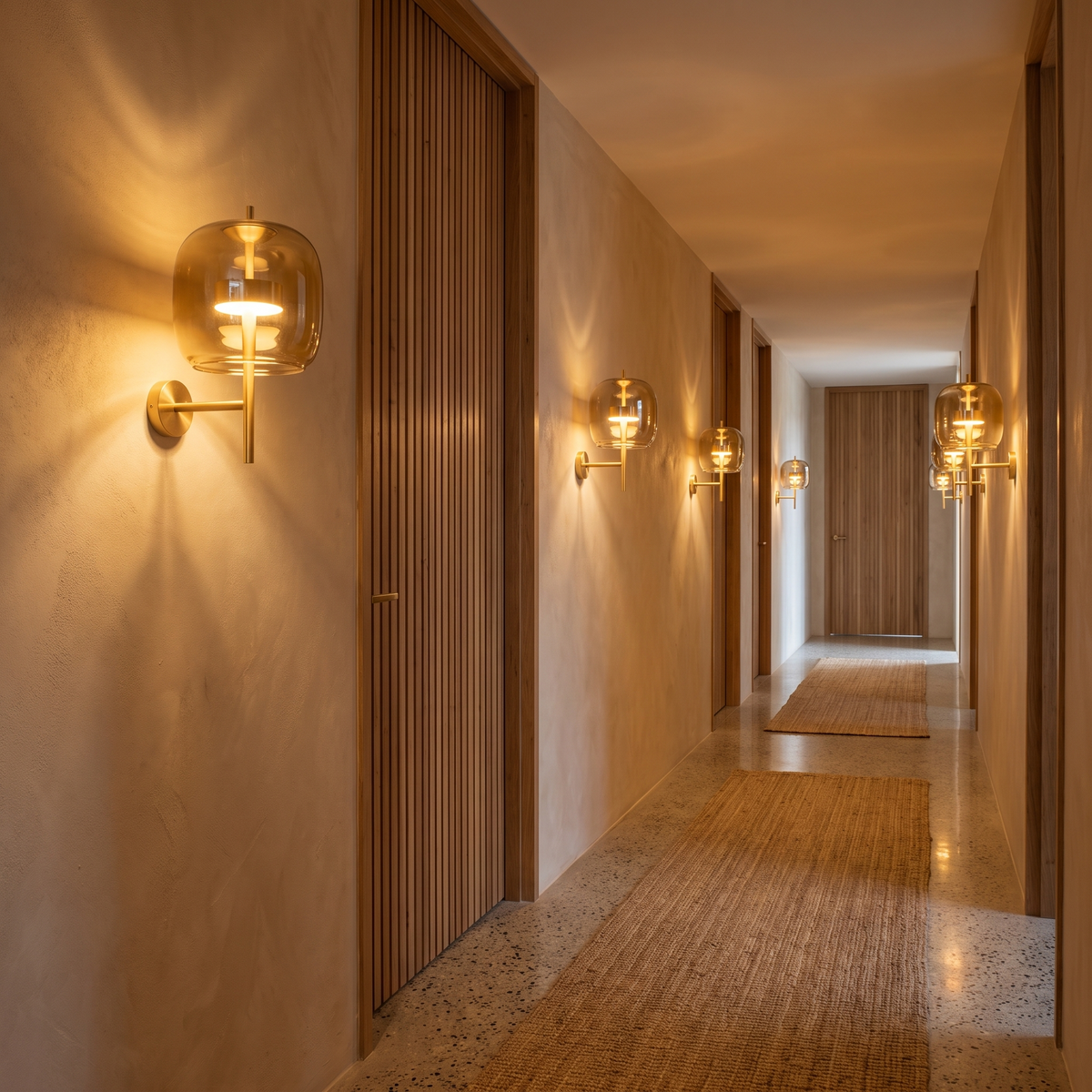 Aura smoked glass wall sconce in amber glass lining a boutique hotel corridor in Byron Bay