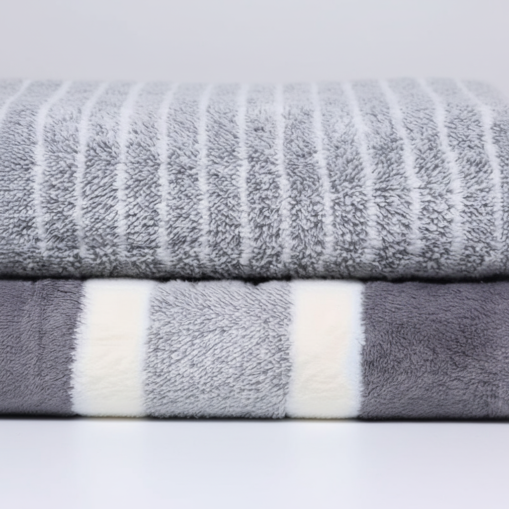 Aurelia Bath Towels Set draped over a towel rail in a bathroom