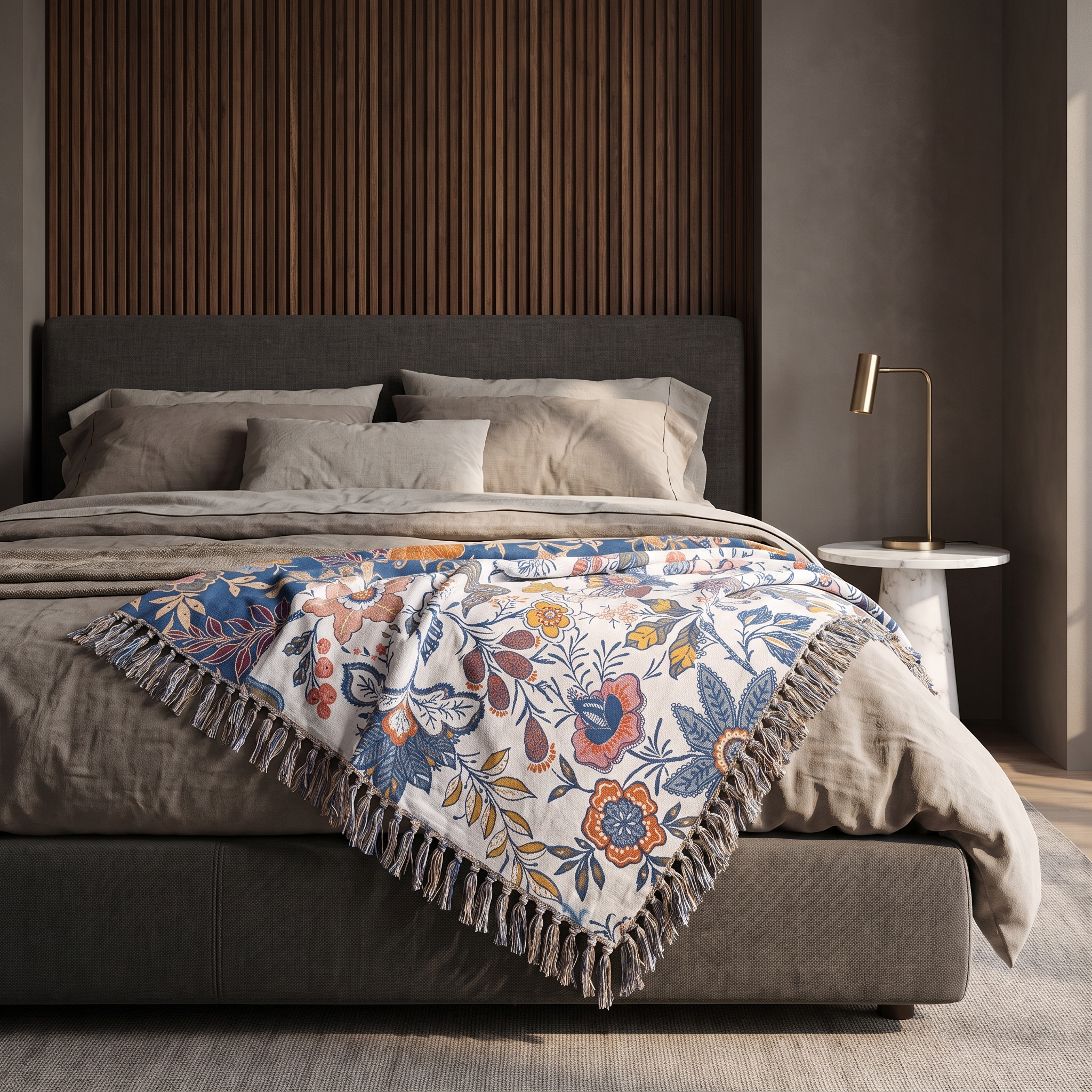 Auski Flora reversible cotton throw blanket on a bed against a dark walnut timber slat wall