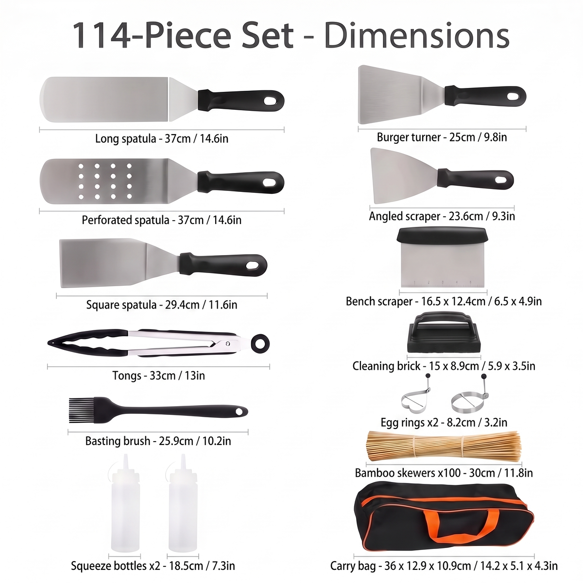 Aussie BBQ tools set dimensions, 37cm (14.6in) spatulas, 33cm (13in) tongs and 36cm (14.2in) carry bag