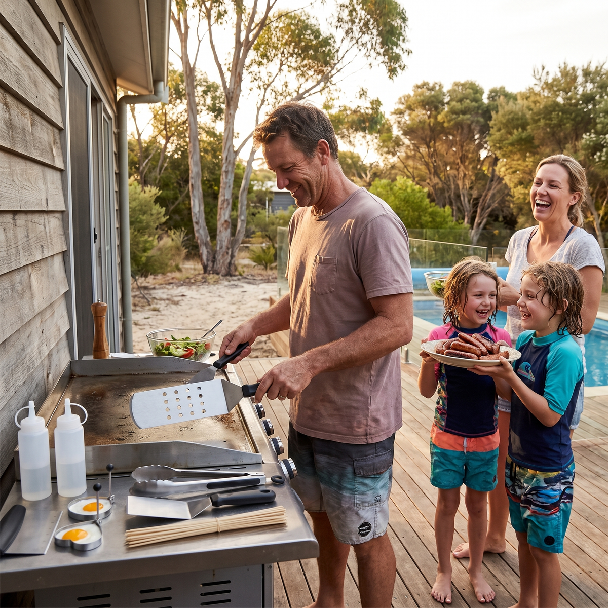 Australian family backyard BBQ with dad using the Aussie BBQ tools set perforated spatula